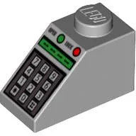 Brick Sloped 45° 2 x 1 with Bottom pin, with Green and Red Buttons and Keypad Print