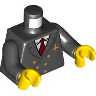 Torso Double Breasted Suit with Gold Buttons and Airplane Logo Pin, Red Tie Print, Black Arms, Yellow Hands