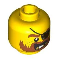 Minifig Head Bucko / Pirate, Eyepatch, Dark Orange Beard with Messy Hair and Moustache, Gold Teeth Print