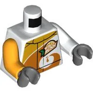 Torso, Odd Arms, Racing Jacket with Bright Light Orange Collar and Orange Swirl, 'Vita Rush' Logo Print, Left White Arm, Right Bright Light Orange Arm, Dark Bluish Gray Hands