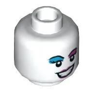 Minifig Head Harley Quinn, Dark Azure and Lavender Eye Shadow, Mean Smile with Teeth / Tongue Sticking Out Print
