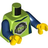 Torso, Dark Blue Sides, Collar, Silver Minifig Head, Lime Eyes, Headphones print, Dark Blue Arms, Yellow Hands