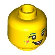 Minifig Head Izzie, Dark Azure Eyebrows, Bright Pink Star and Heart on Cheeks, Dots, Open Mouth Smile / Closed Eyes Smile print