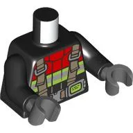 Torso, Red Fire Fighter Suit, Silver/Neon Yellow Reflective Stripes, Dark Tan Straps print, Black Arms, Dark Bluish Gray Hands