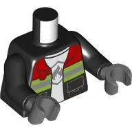 Torso Fire Jacket with Red Collar and Reflective Stripes, Open over White Shirt with Fire Logo Print, Black Arms, Dark Bluish Gray Hands