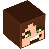 Minifig Head Special, Cube with Pixelated Light Nougat and Dark Brown Face, Bright Green Eyes Print