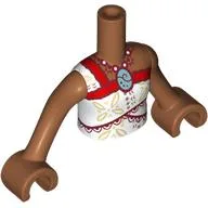 Minidoll Torso Girl with Sienna Brown Arms and Hands with White Wrapped Dress, Red/Dark Red Trim, Tan Decorations, Sand Green Shell print
