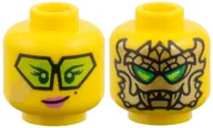 Minifig Head Loyalist Leader, Gold Mask, Lime/Dark Green Eyes / Black Glasses with Lime Lenses, Coral Lips, Gold Markings, Smirk
