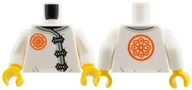Torso, Tunic, Light Bluish Grey Trim, Black Clamps, Orange Symbol print, White Arms, Yellow Hands