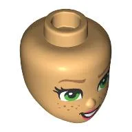 Minidoll Head, Dark Tan Eyebrows, Bright Green Eyes, Freckles, Coral Lips, Open Mouth Smile