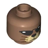 Minifig Head Mr. 13, Tan Cat Face, Whiskers, Black Sunglasses, Neutral / Broken Glasses, Scar, Red Tongue